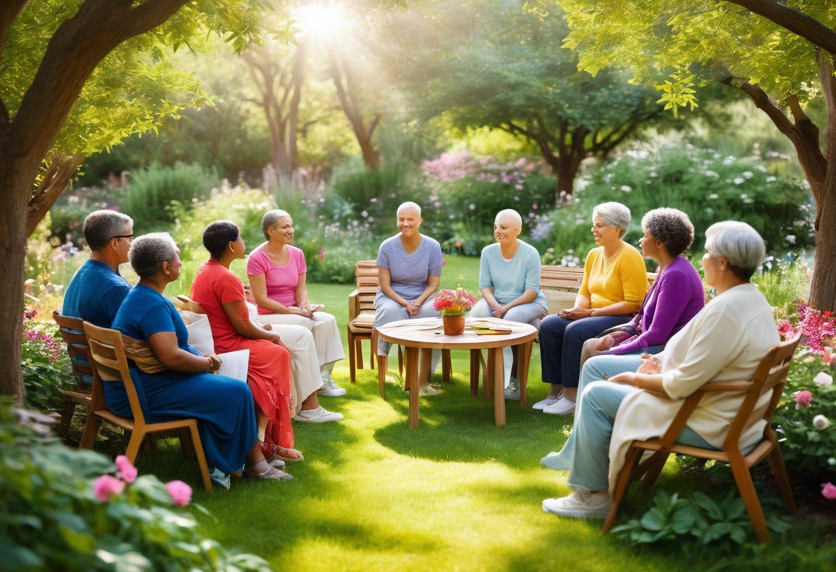 A serene scene depicting a diverse group of cancer survivors engaged in a supportive group session, sharing stories of empowerment. The background features a bright, blooming garden symbolizing growth and healing, while educational materials and healthy lifestyle choices are subtly integrated. Soft sunlight filters through the leaves, creating a warm and hopeful atmosphere. Illustrate a mix of emotions like joy, resilience, and community strength. vibrant colors. soft focus. inspirational.