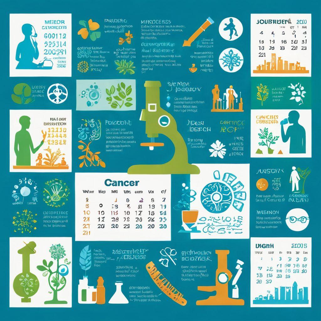 A captivating collage illustrating the journey of cancer prevention, featuring a microscope analyzing cells, a calendar symbolizing early detection, and vibrant icons representing innovative research. Include diverse healthcare professionals engaged in collaboration and a background with a gradient of soft blues and greens to symbolize hope and vitality. super-realistic. vibrant colors. white background.