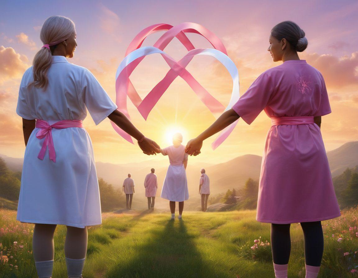 A serene and uplifting scene depicting a diverse group of cancer survivors standing together, holding hands, radiating hope and resilience. Surrounding them are symbols of treatment and prevention, like pink ribbons and medical icons intertwined with nature, representing growth and healing. In the background, a bright sunrise symbolizes new beginnings and empowerment. The overall atmosphere is warm and inviting, emphasizing community and support. vibrant colors. super-realistic.